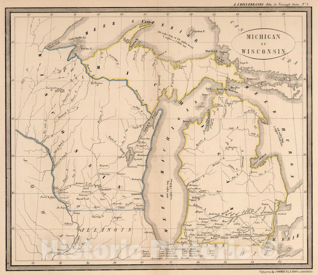 Historic Map : National Atlas - 1851 Michigan en Wisconsin. - Vintage Wall Art