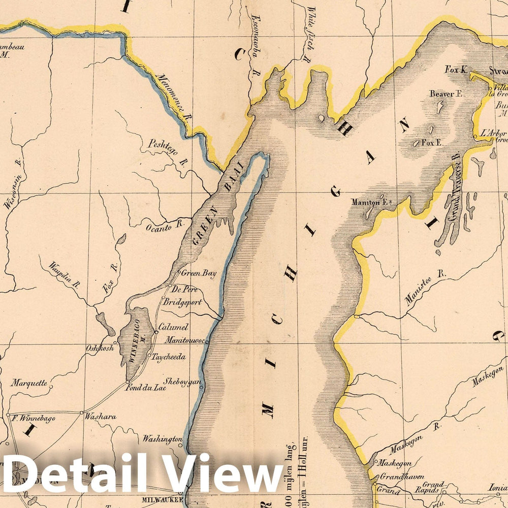 Historic Map : National Atlas - 1851 Michigan en Wisconsin. - Vintage Wall Art