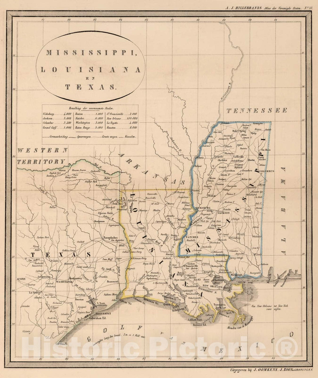 Historic Map : National Atlas - 1851 Mississippi, Louisiana, en Texas. - Vintage Wall Art