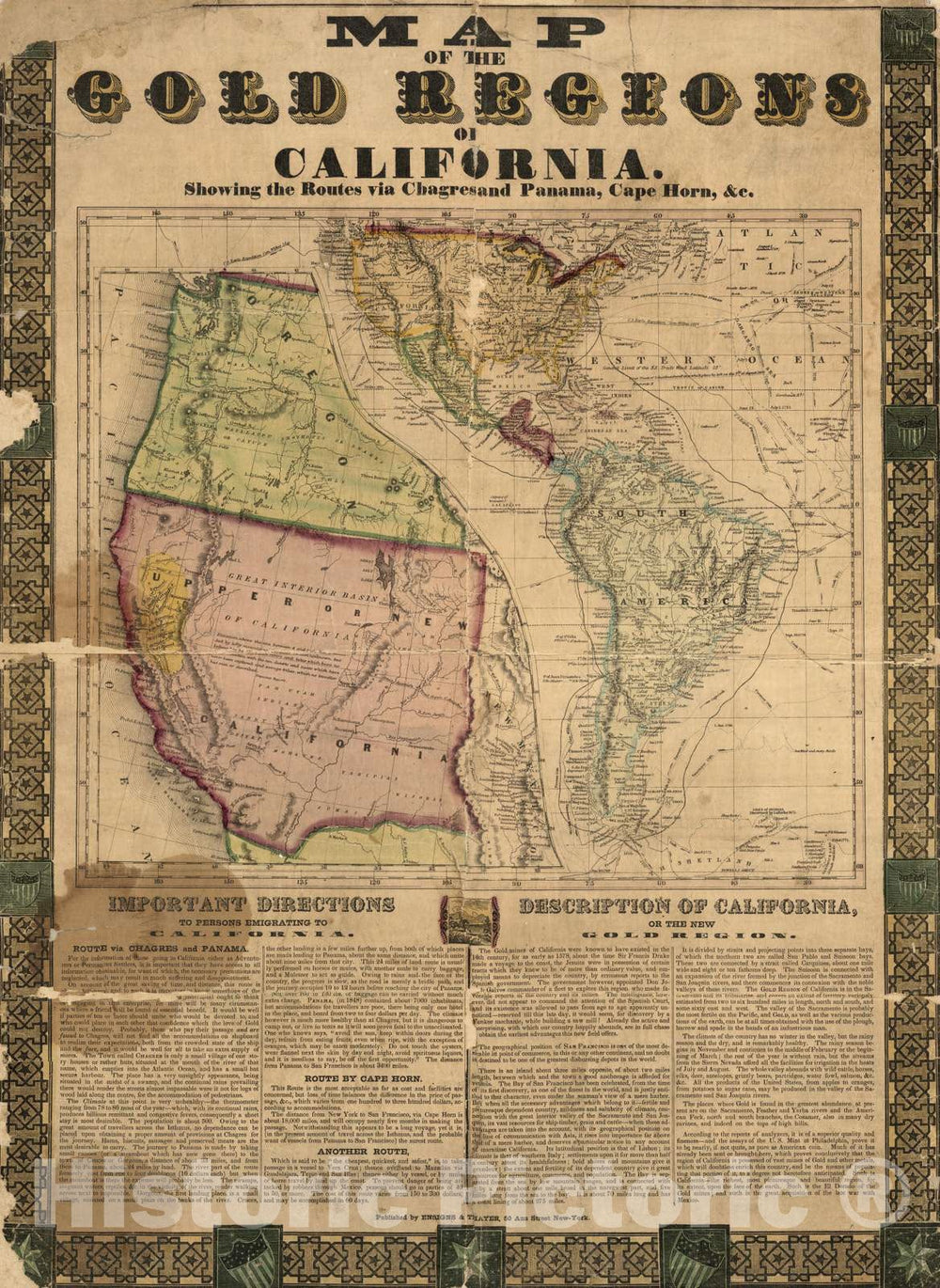 Historic Map - Broadside - 1849 Map of The Gold Regions of California - Vintage Wall Art