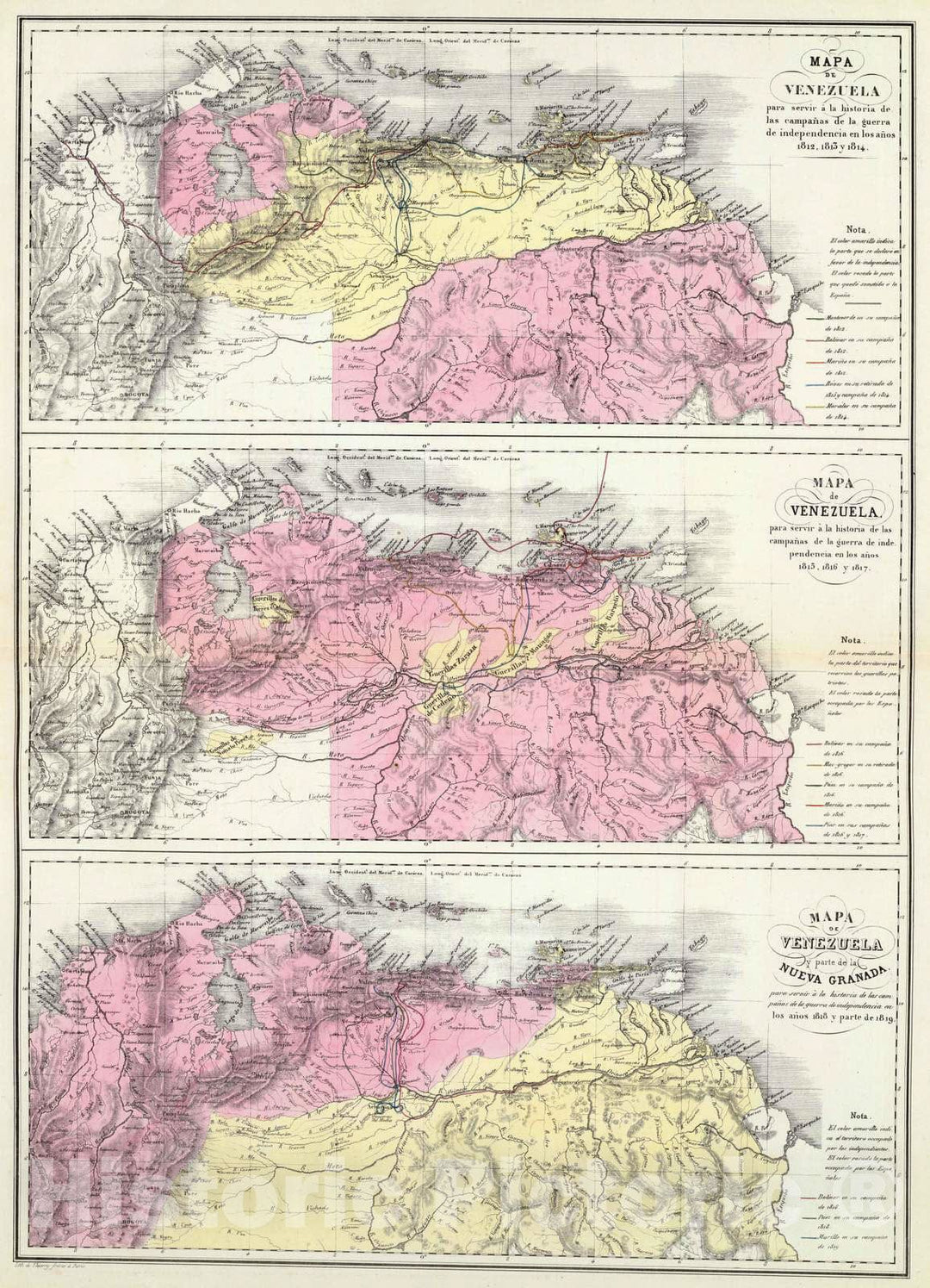 Historic Map : Venezuela, 1840 Mapa de Venezuela Guerra de independencia. , Vintage Wall Art