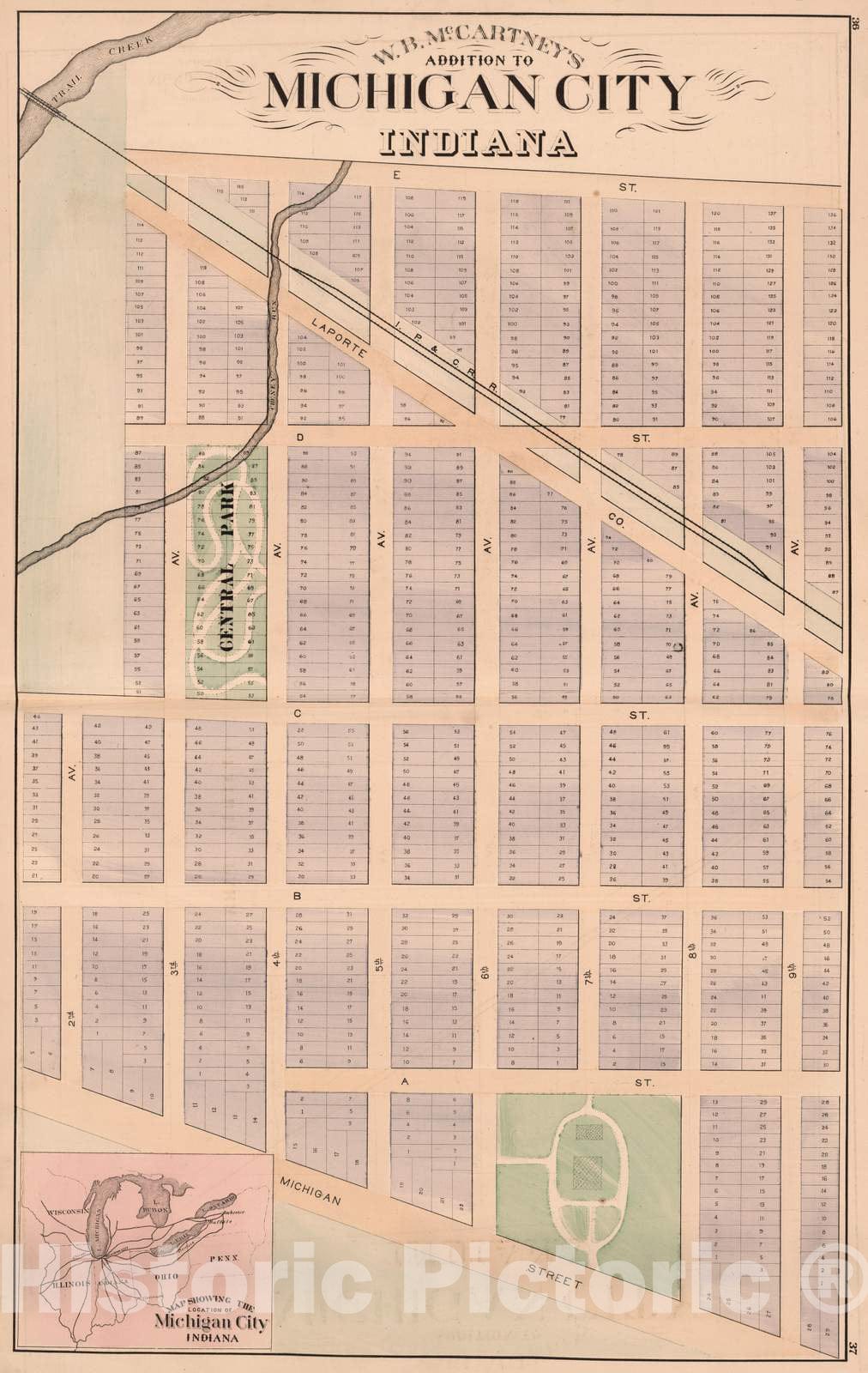 Historic Map : 1874 McCartney's Addition to Michigan City, Indiana. - Vintage Wall Art