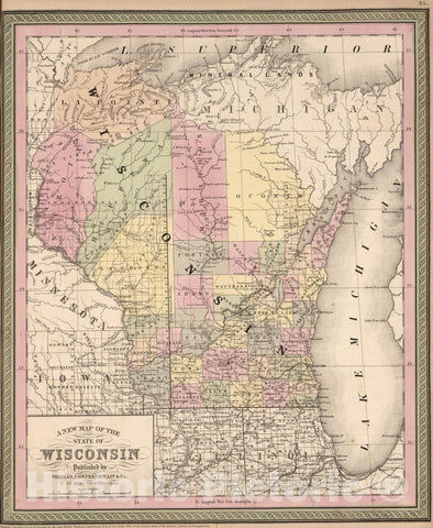 Historic Map - World Atlas - 1853 A New Map of The State of Wisconsin - Vintage Wall Art