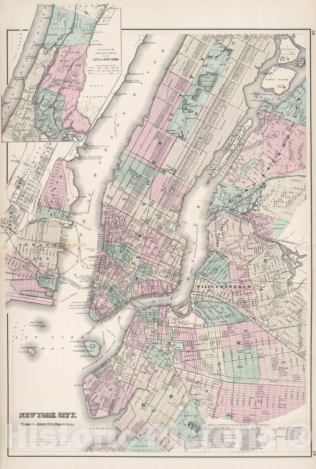 Historic Map : 1878 New York City, Brooklyn, Jersey City, Hoboken. - Vintage Wall Art