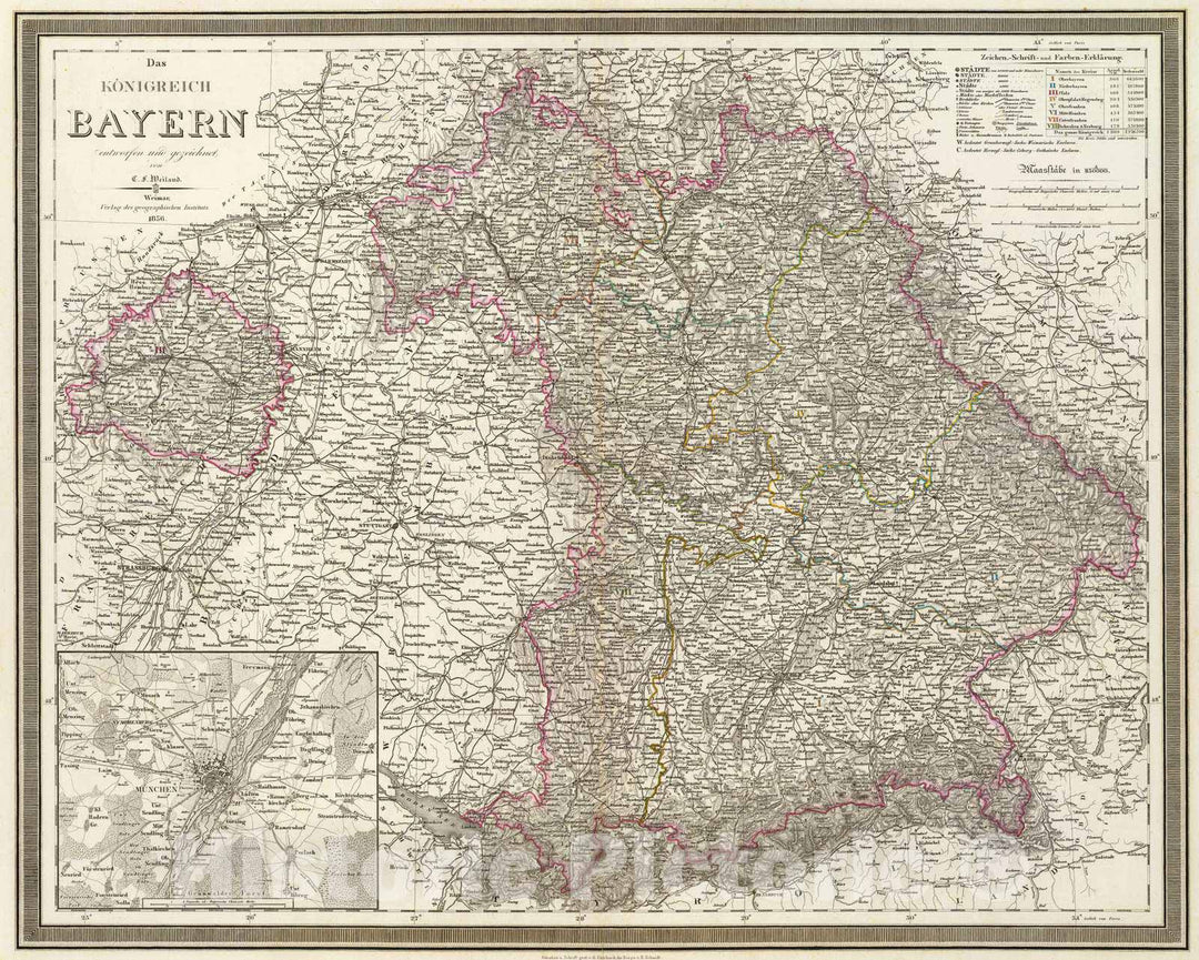 Historic Map : Germany, Bavaria , Germany 1856 Bayern. , Vintage Wall Art