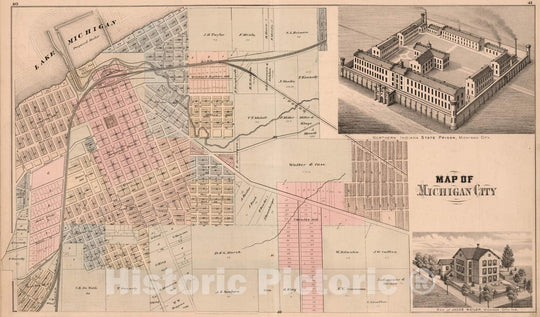 Historic Map : 1874 Map of Michigan City. View: State Prison. Residence of Jacob Weiler, Laporte County, Indiana. - Vintage Wall Art