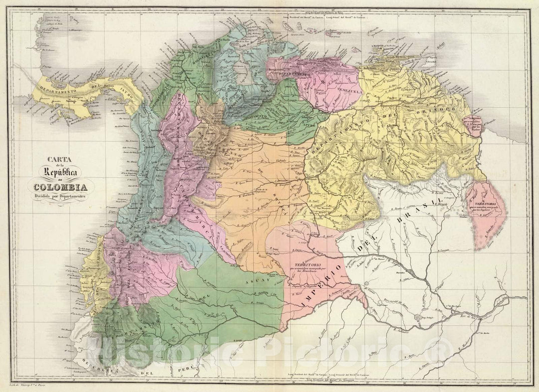 Historic Map : Colombia; Venezuela, 1840 Carta de la Republica de Colombia, departamentes. , Vintage Wall Art