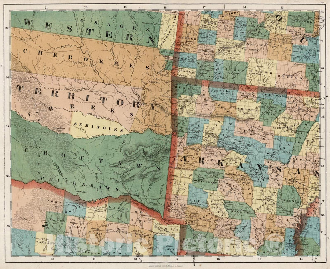 Historic Map : National Atlas - 1852 Arkansas, Oklahoma, Texas. - Vintage Wall Art