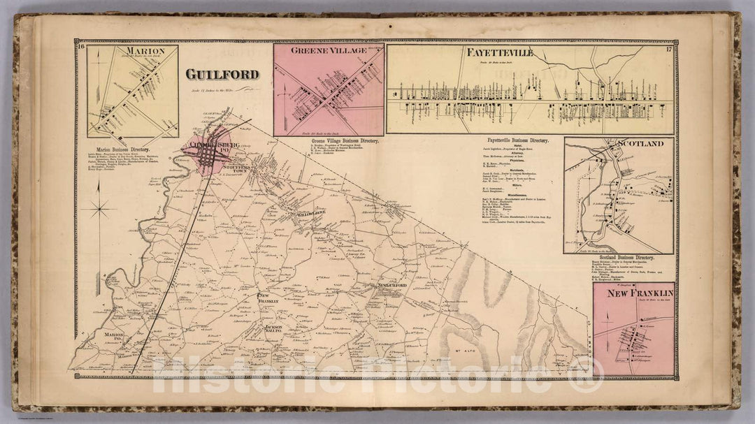 Historic Map : 1868 Guilford, Franklin County, Pennsylvania. Marion. Greene Village. Fayetteville. Scotland. New Franklin. - Vintage Wall Art