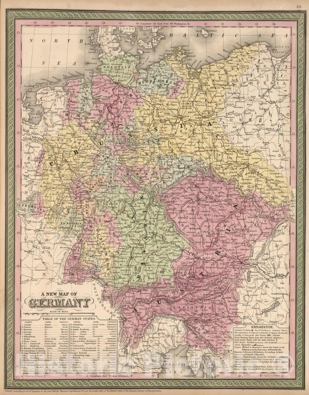 Historic Map : 1853 A New Map of Germany - Vintage Wall Art