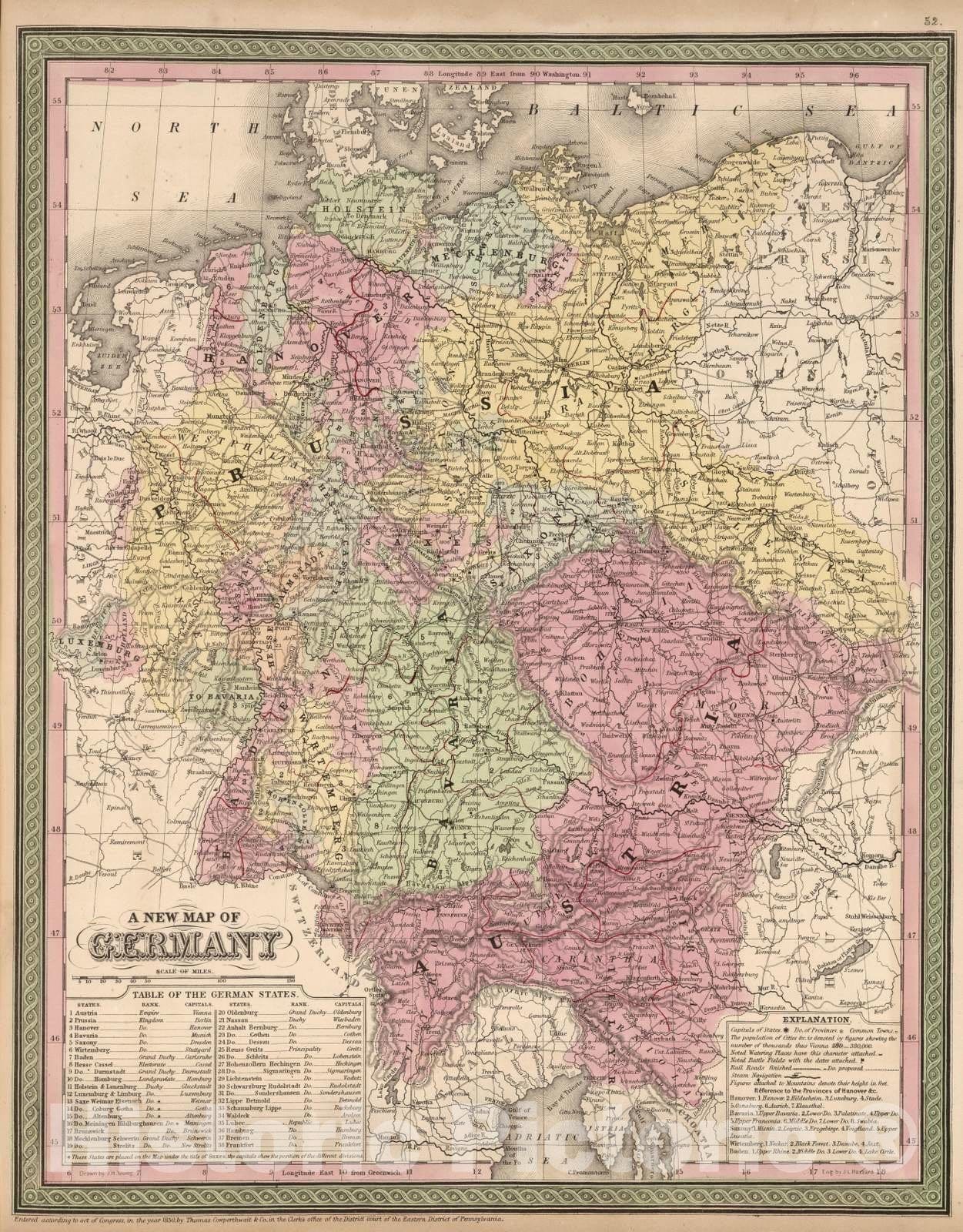 Historic Map : 1853 A New Map of Germany - Vintage Wall Art