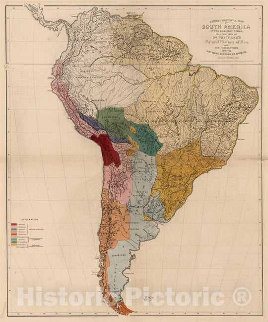 Historic Map : 1861 Ethnographical Map of South America, in The Earliest Times. - Vintage Wall Art