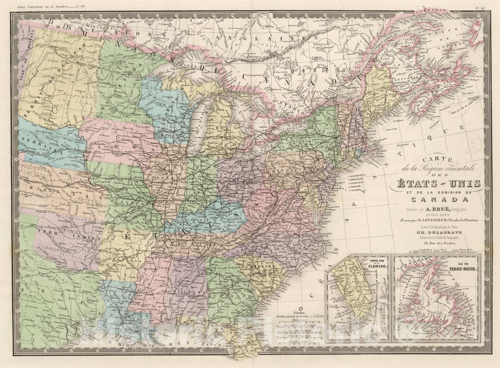 Historic Map : United States; Canada, 1875 Region Orientale des Etats-UNIS, Canada. , Vintage Wall Art