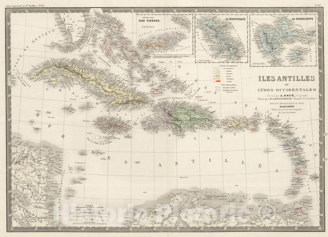 Historic Map : Cuba; Dominican Republic; Haiti; Trinidad, Antilles, West Indies 1875 Iles Antilles, Indes Occidentales. , Vintage Wall Art