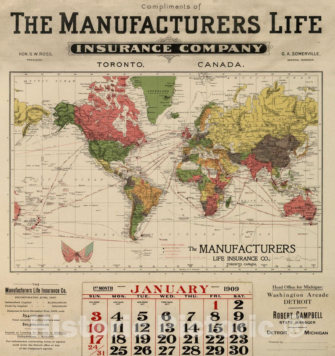 Historic Map : Ephemera - 1909 (Map of The World) Complement of The Manufacturers Life Insurance Co. - Vintage Wall Art