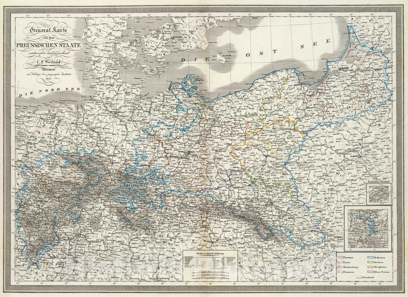 Historic Map : Prussia , Germany; Switzerland, 1856 Preussische Staate. , Vintage Wall Art