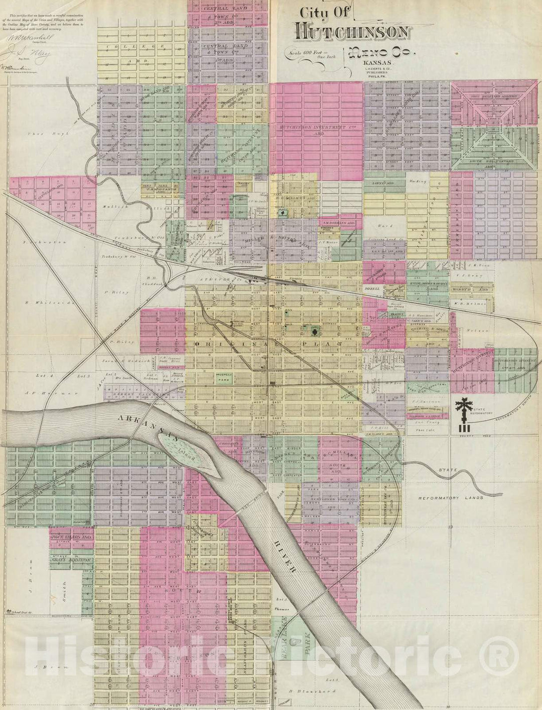 Historic Map : 1887 City of Hutchinson, Reno Co, Kansas. - Vintage Wall Art