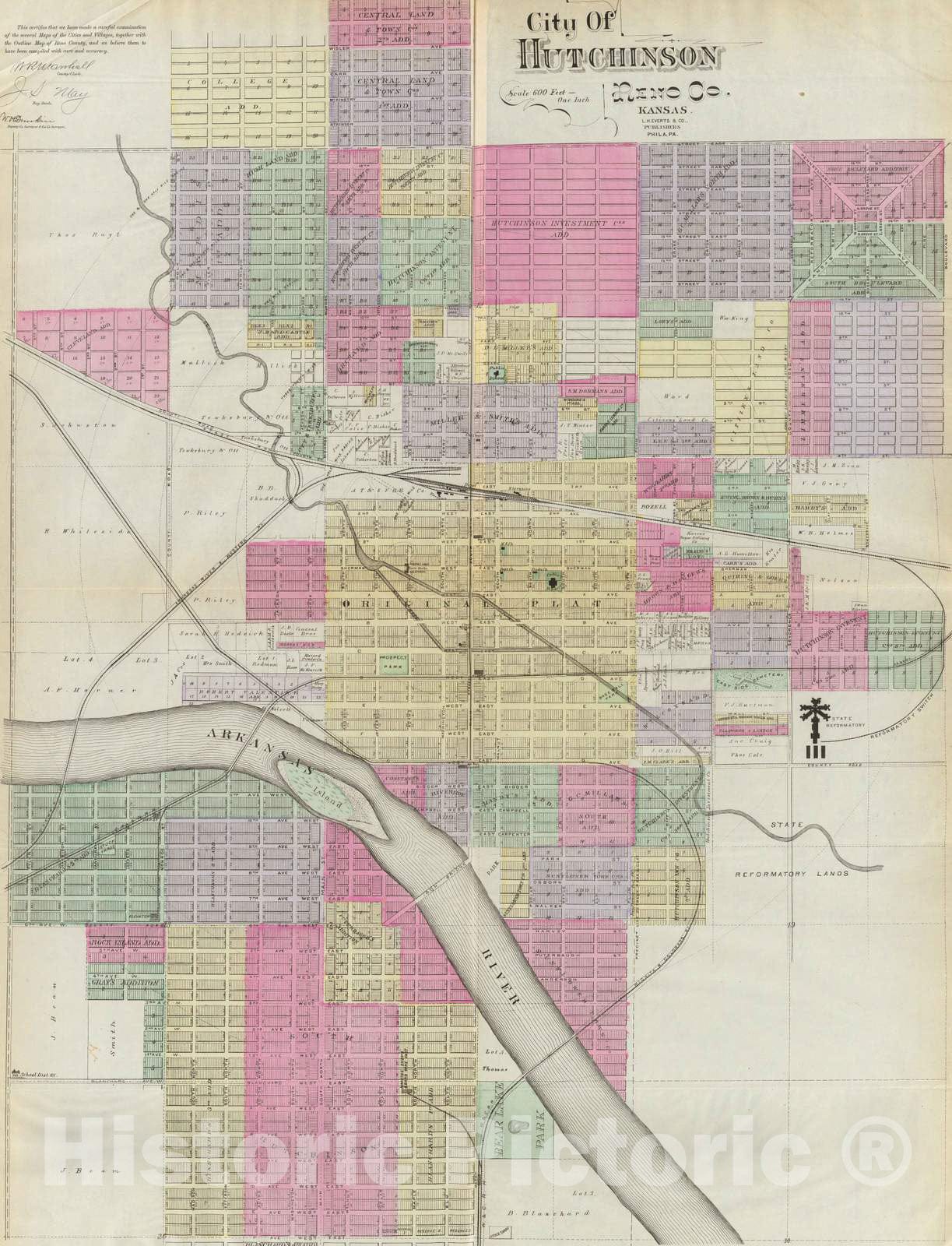 Historic Map : 1887 City of Hutchinson, Reno Co, Kansas. - Vintage Wall Art