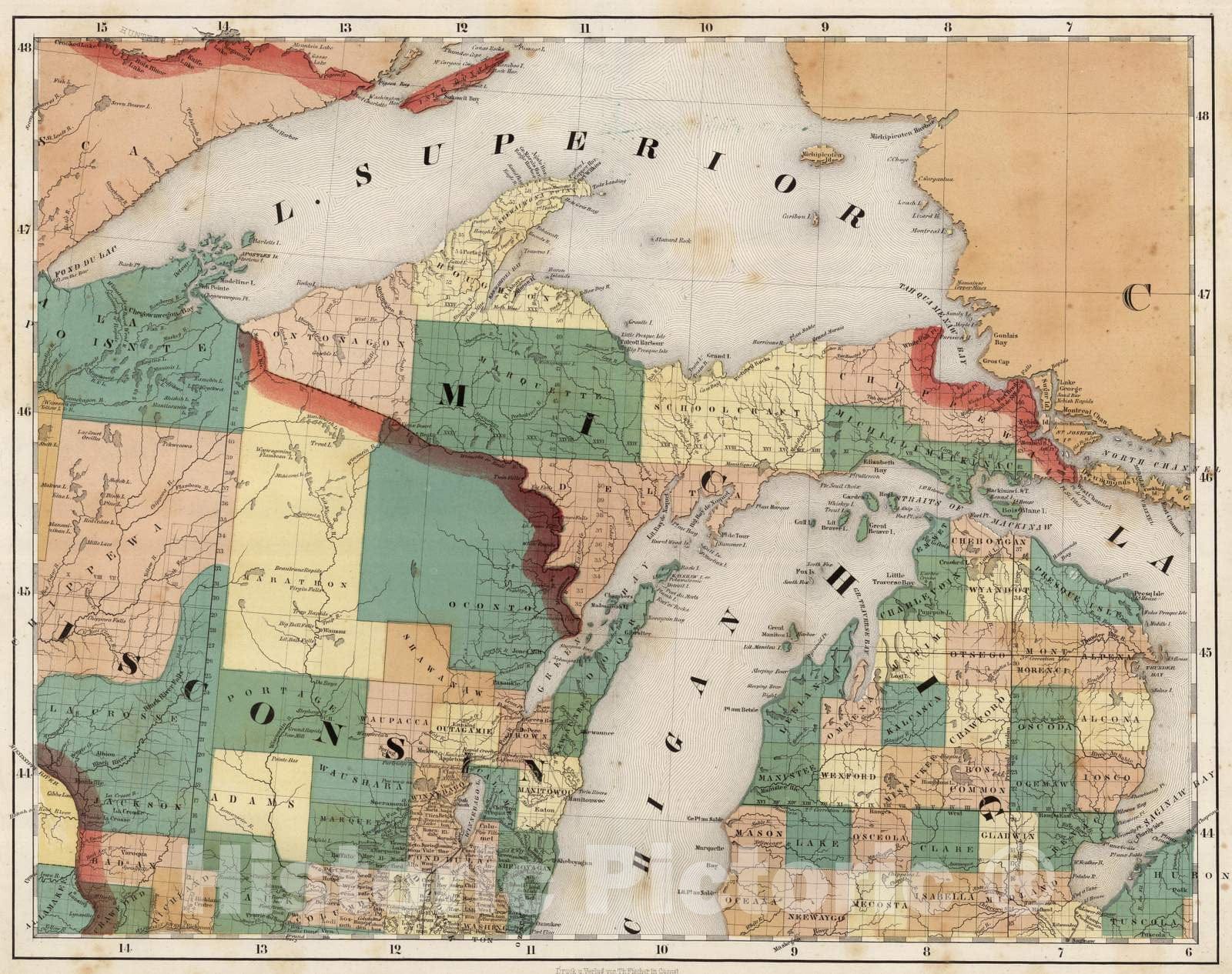 Historic Map : National Atlas - 1852 Wisconsin, Michigan. - Vintage Wall Art