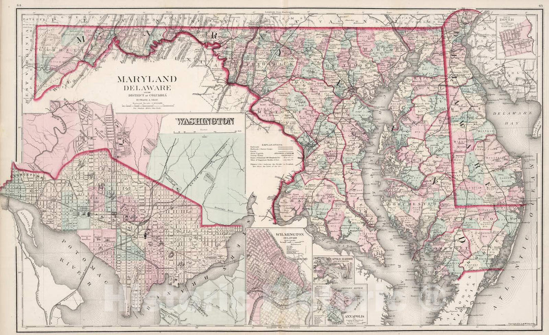 Historic Wall Map : 1878 Maryland, Delaware, Washington D.C. - Vintage Wall Art