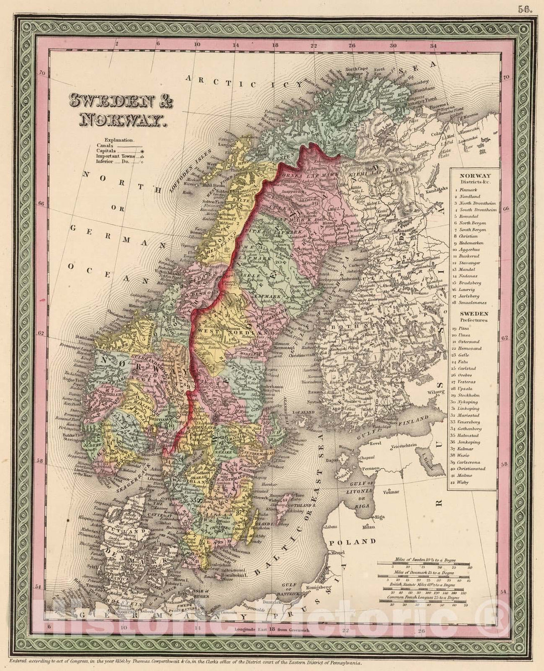 Historic Map : 1853 Sweden and Norway - Vintage Wall Art