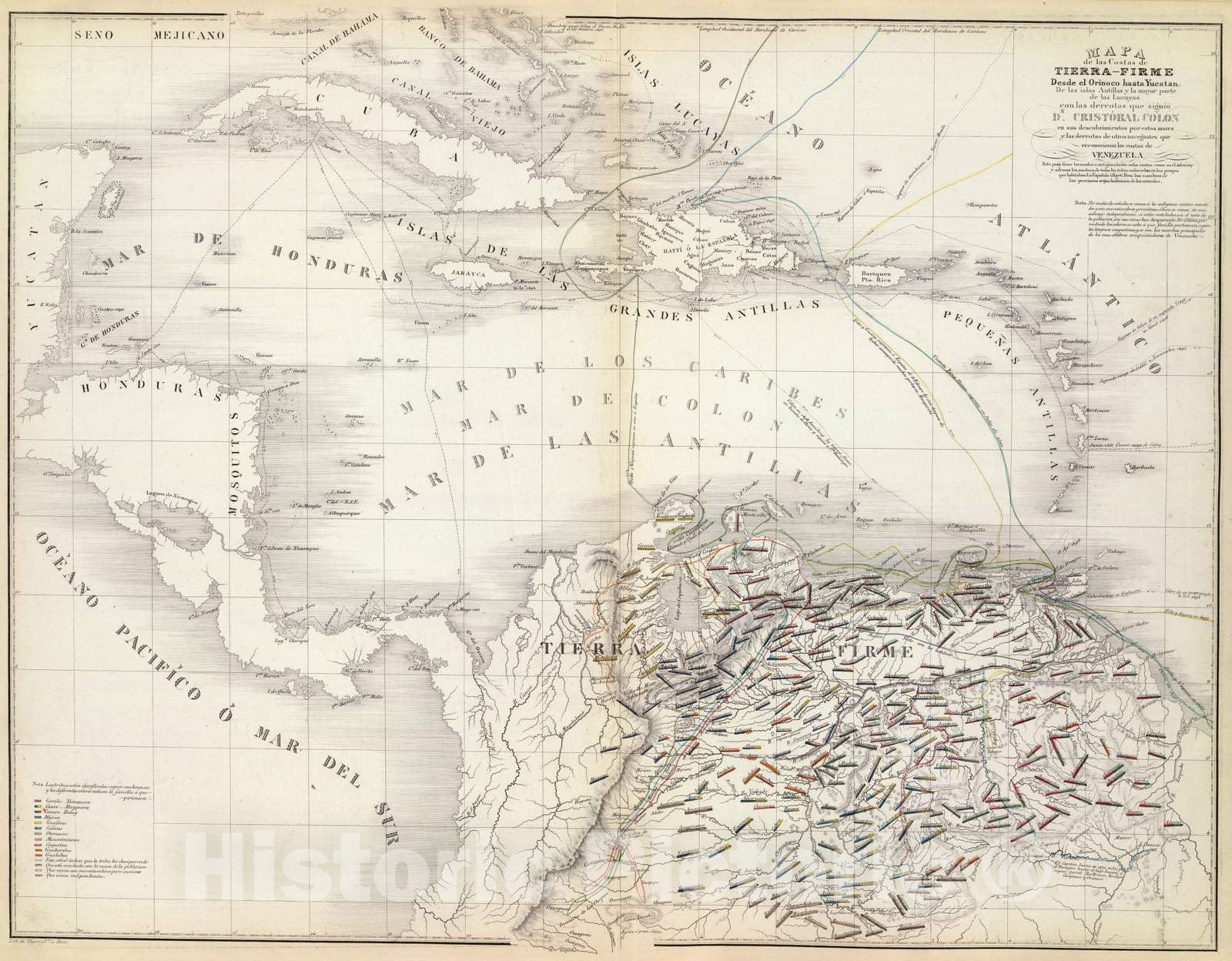 Historic Map : Caribbean Area, South America; West Indies 1840 Mapa de las Costas de Tierra-Firme. , Vintage Wall Art