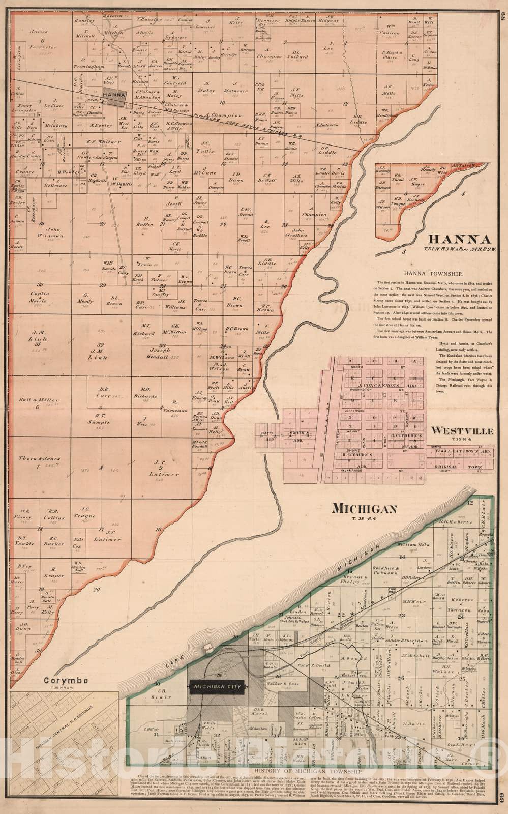 Historic Map : 1874 Hanna and Michigan Townships, Laporte County, Indiana. Westville. Corymbo. - Vintage Wall Art