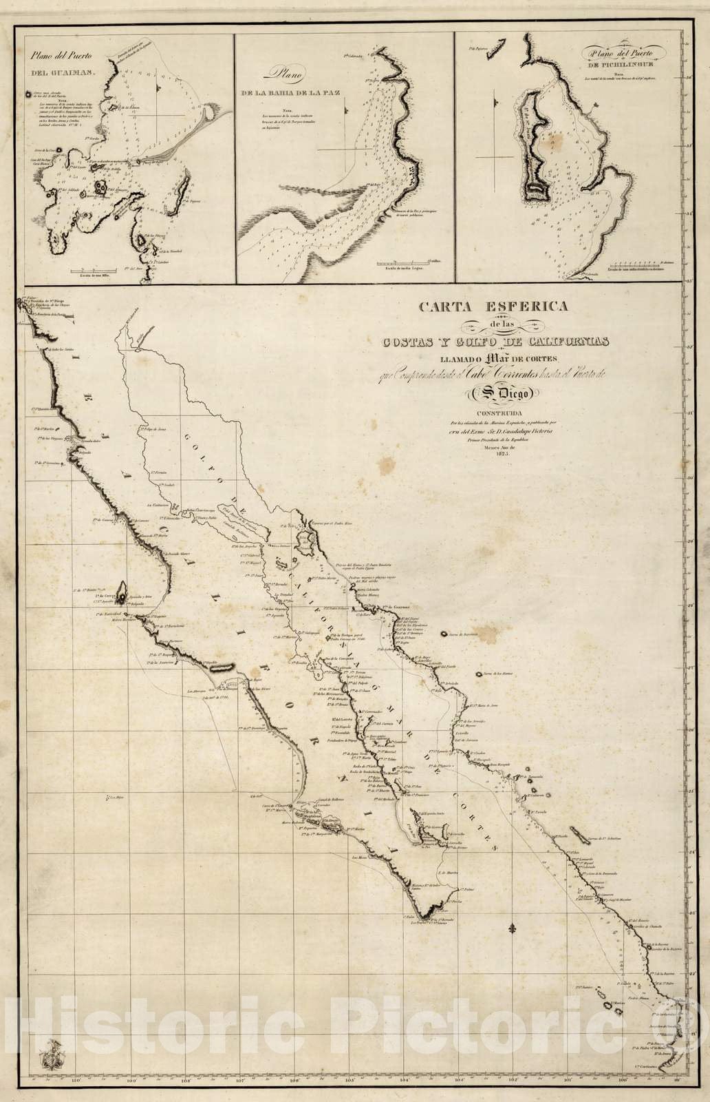 Historic Map : Mexico, Baja California, 1825 Carta Esferica de las Costas Y Golfo De Californias , Vintage Wall Art