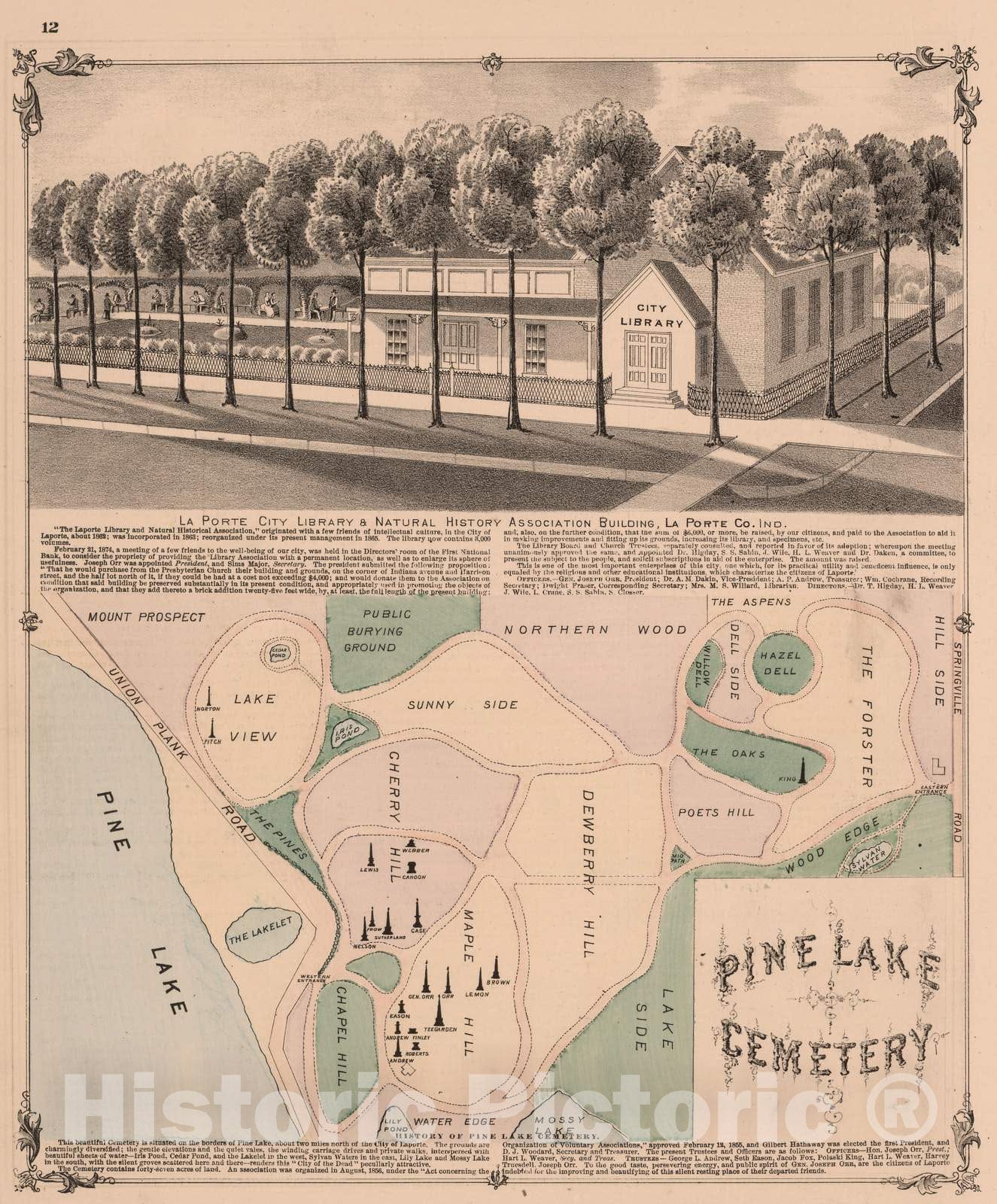 Historic Map : 1874 Pine Lake Cemetery. View: LaPorte City Library and Natural History Association Building. - Vintage Wall Art