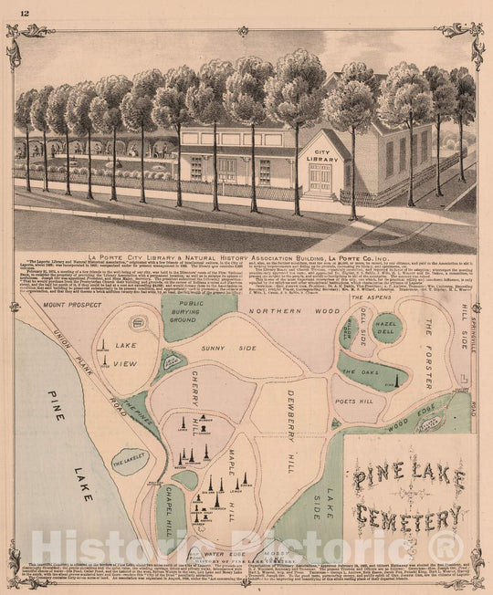 Historic Map : 1874 Pine Lake Cemetery. View: LaPorte City Library and Natural History Association Building. - Vintage Wall Art