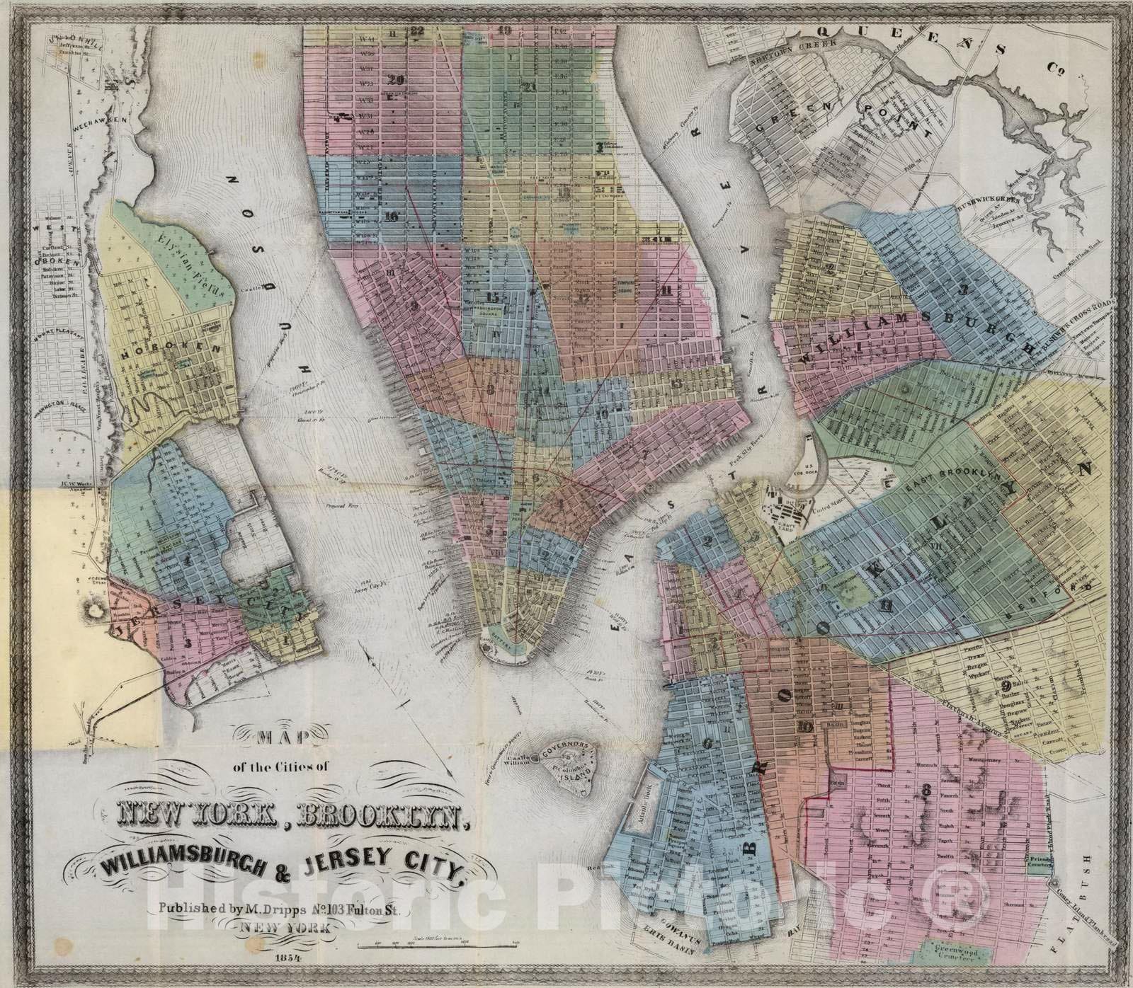 Historic Map : 1854 New York, Brooklyn, Williamsburgh & Jersey City - Vintage Wall Art