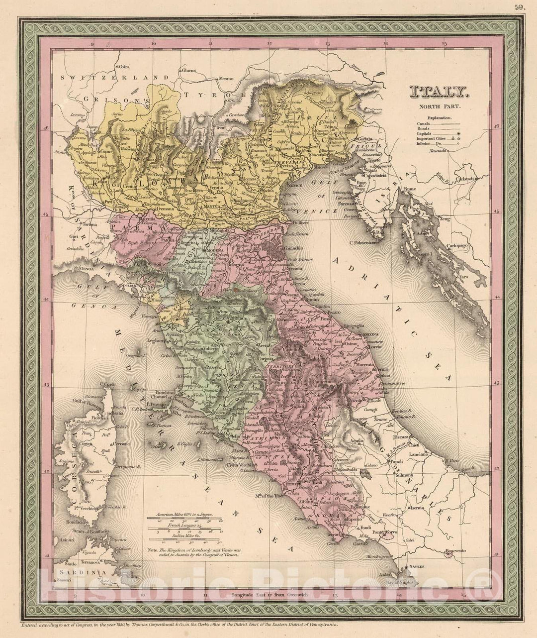 Historic Map : 1853 Italy. North Part - Vintage Wall Art