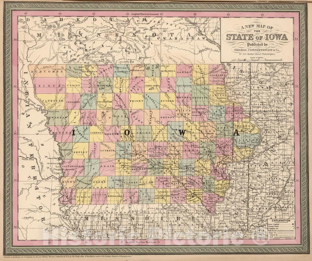 Historic Map : 1853 A New Map of The State of Iowa - Vintage Wall Art