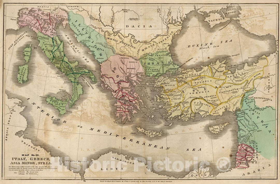 Historic Map : School Atlas - 1827 Map No. III. Italy, Greece, Asia Minor, Syria - Vintage Wall Art