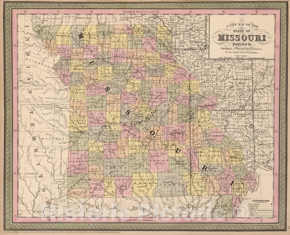 Historic Map - World Atlas - 1853 A New Map of The State of Missouri - Vintage Wall Art