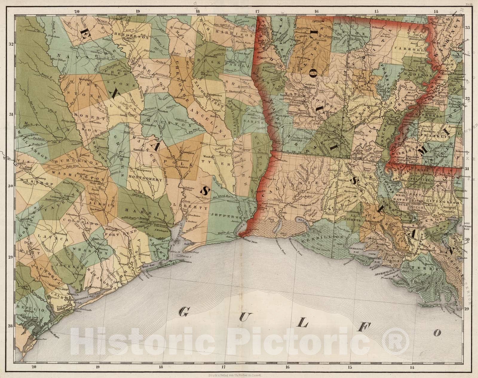 Historic Map : National Atlas - 1852 Texas, Louisiana. - Vintage Wall Art