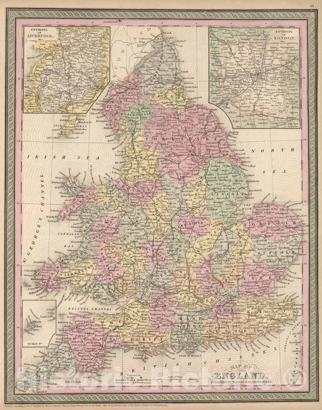 Historic Map : 1853 Map of England - Vintage Wall Art