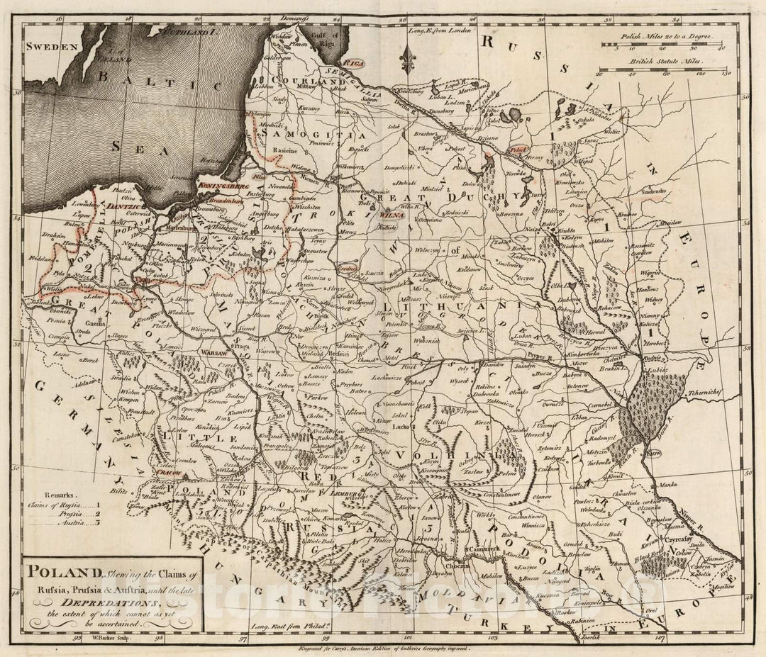 Historic Map : 1795 Poland, Shewing The Claims of Russia, Prussia & Austria. - Vintage Wall Art