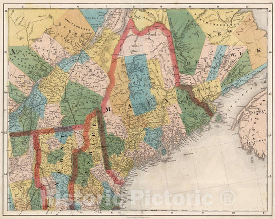 Historic Map : National Atlas - 1852 Quebec, New Brunswick, Maine, Vermont, New Hampshire. - Vintage Wall Art