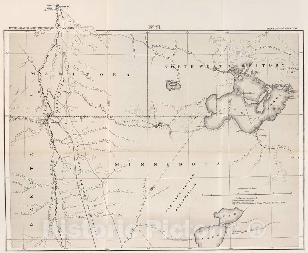 Historic Map : Exploration Book - 1878 No. VI, Reconnaissance Map. (Lake of The Woods to Ft. Pembina). - Vintage Wall Art