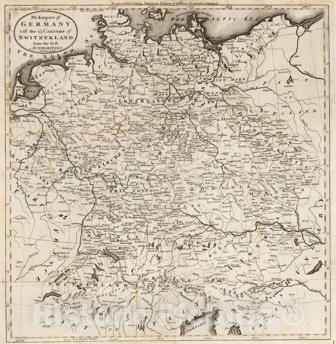 Historic Map : 1795 Empire of Germany with The 13 Cantons of Switzerland. - Vintage Wall Art