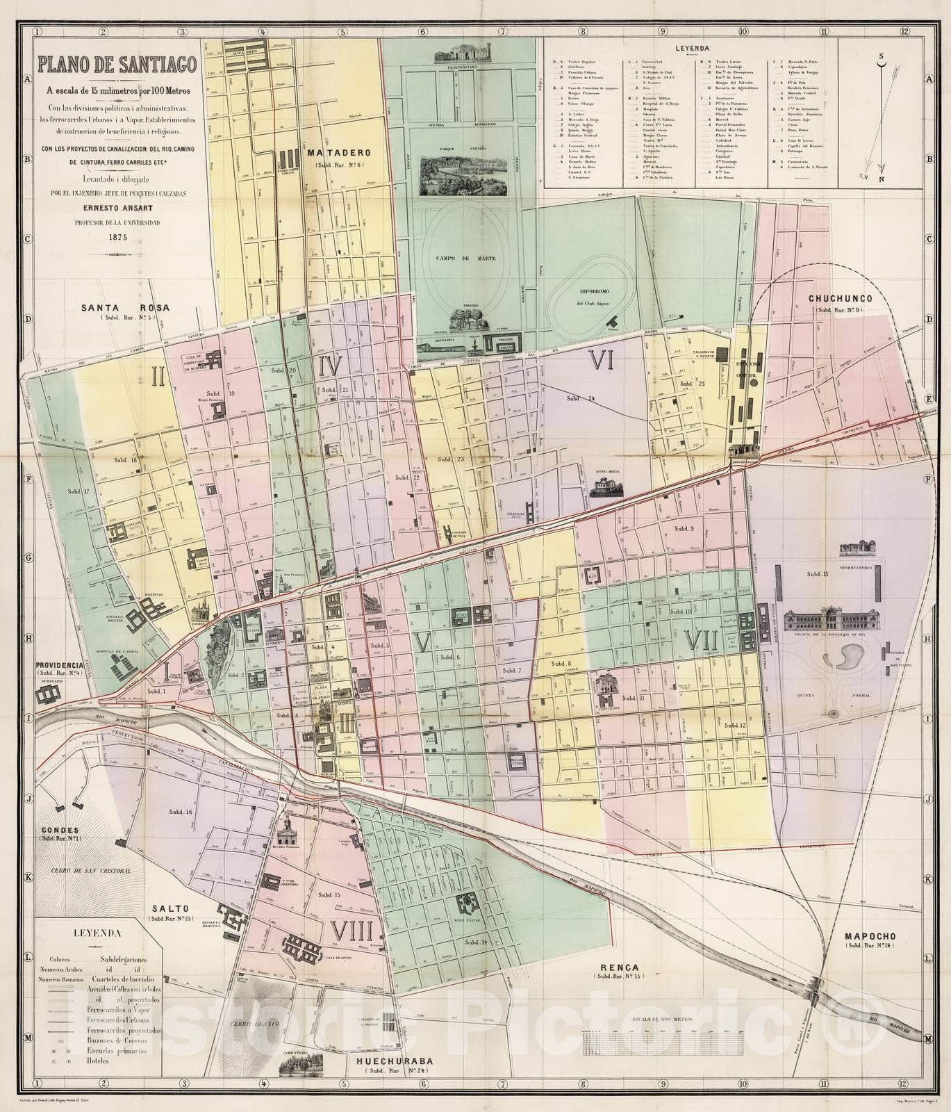 Historic Map : Santiago (Chile), 1875 Plano De Santiago A Escala DE 15 milimetros por 100 Metros. , Vintage Wall Art