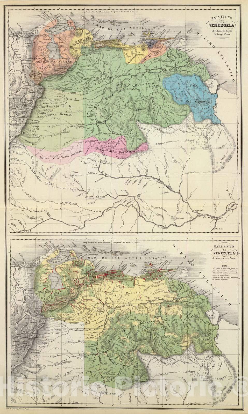 Historic Map : Venezuela, 1840 Mapas fisicos de Venezuela. , Vintage Wall Art