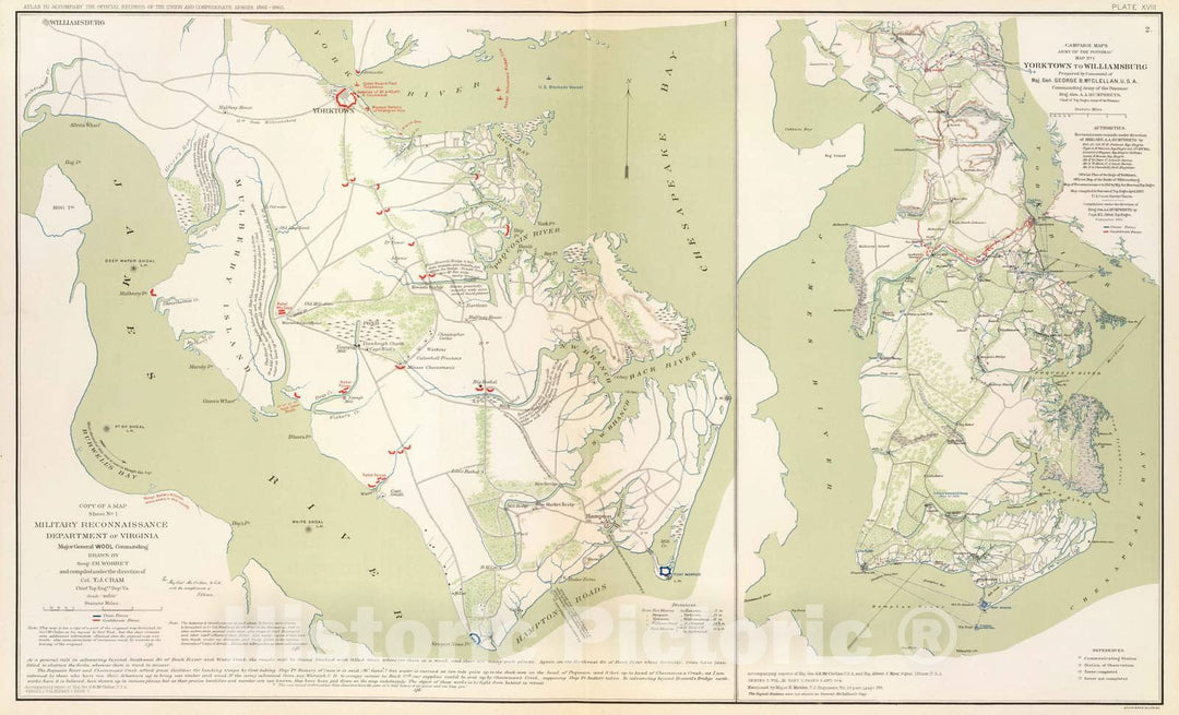 Historic Map : Military Atlas - 1895 Dept. of Virginia, Yorktown to Williamsburg. - Vintage Wall Art