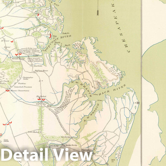 Historic Map : Military Atlas - 1895 Dept. of Virginia, Yorktown to Williamsburg. - Vintage Wall Art