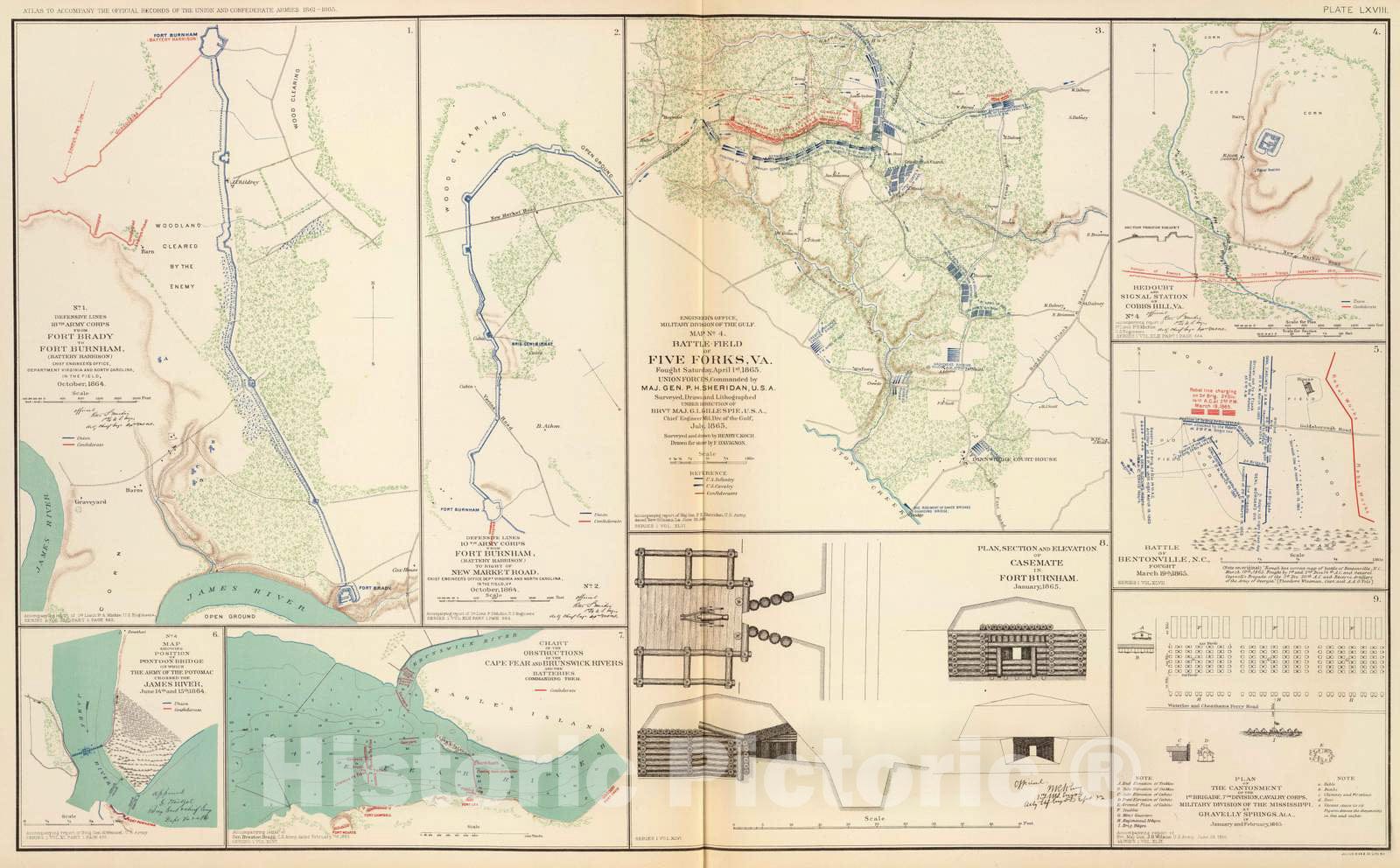 Historic Map : Military Atlas - 1895 Ft. Brady-Ft. Burnham; Five Forks. - Vintage Wall Art