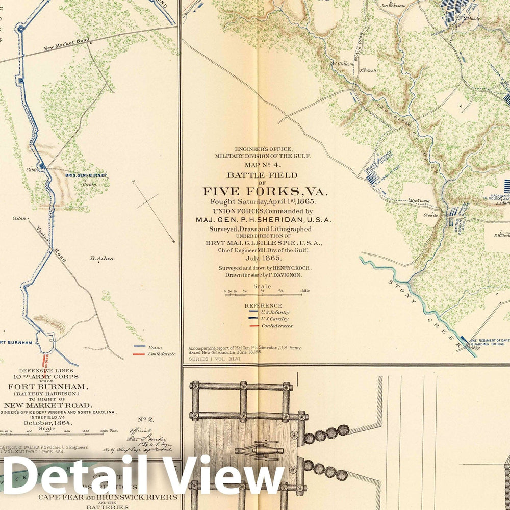 Historic Map : Military Atlas - 1895 Ft. Brady-Ft. Burnham; Five Forks. - Vintage Wall Art