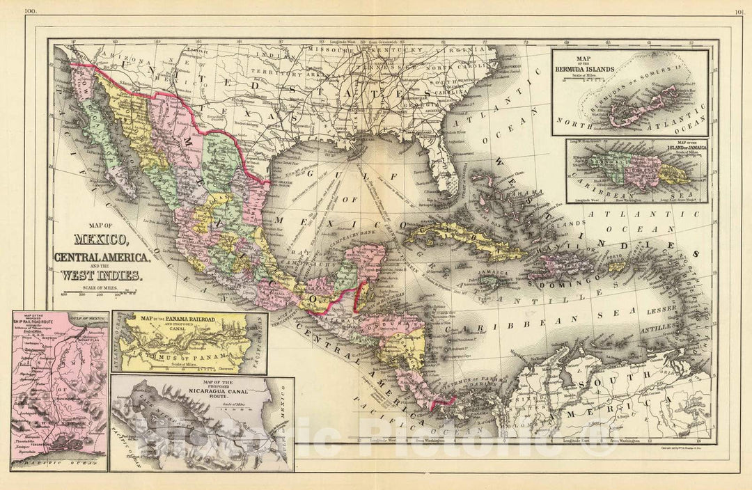 Historic Wall Map : 1890 Mexico, Central America, West Indies. - Vintage Wall Art