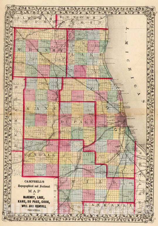 Historic Map : 1870 McHenry, Lake, Kane, Du Page, Cook, Will, Kendall Counties. - Vintage Wall Art