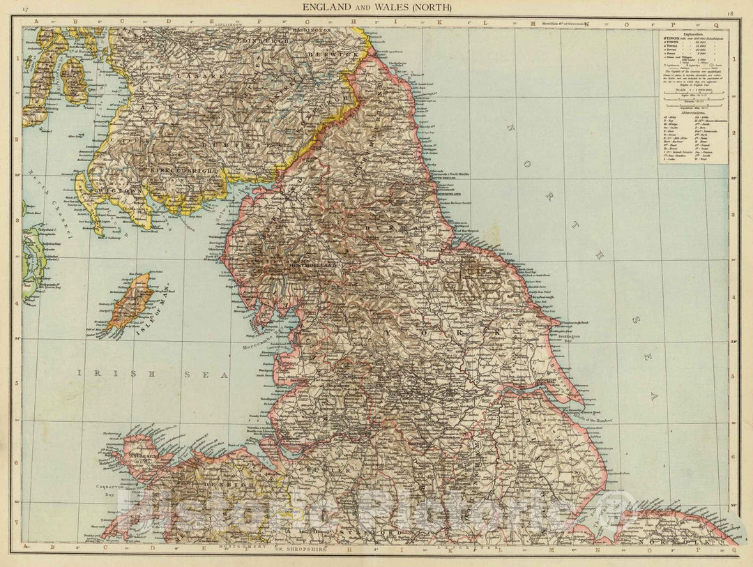 Historic Map : 1895 England, Wales N. - Vintage Wall Art